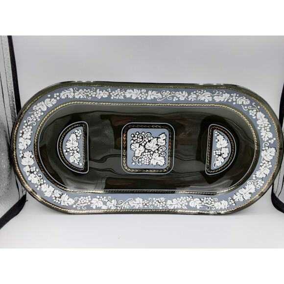 Smoky Glass Tray Plate With White & Gold Accent Console Dish Serving Platter - Picture 2 of 12